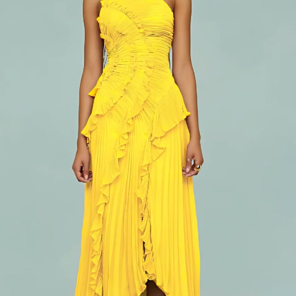 Yellow Ruffled & Pleated Chiffon Maxi Dress
